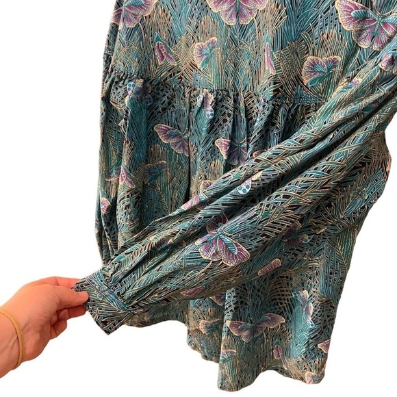 Vintage butterfly bubble sleeve button up casual blouse shirt top large 12 80s - Picture 3 of 8